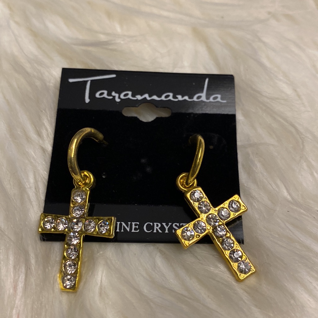 Taramanda Gold Genuine Crystal Pierced Crucifix Cross Earrings